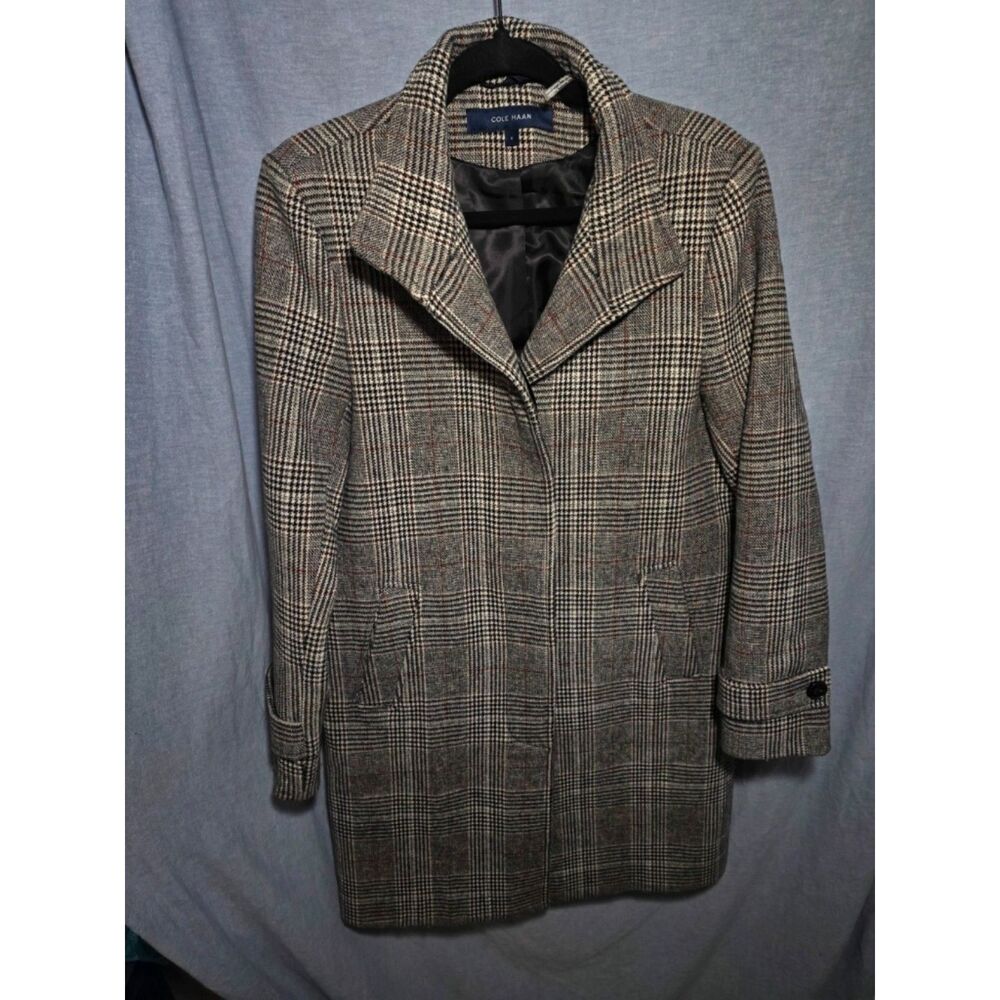 Cole Haan Glen Plaid Wool Trench Coat Womens 8 Fly Front Hidden Buttons 359MW914